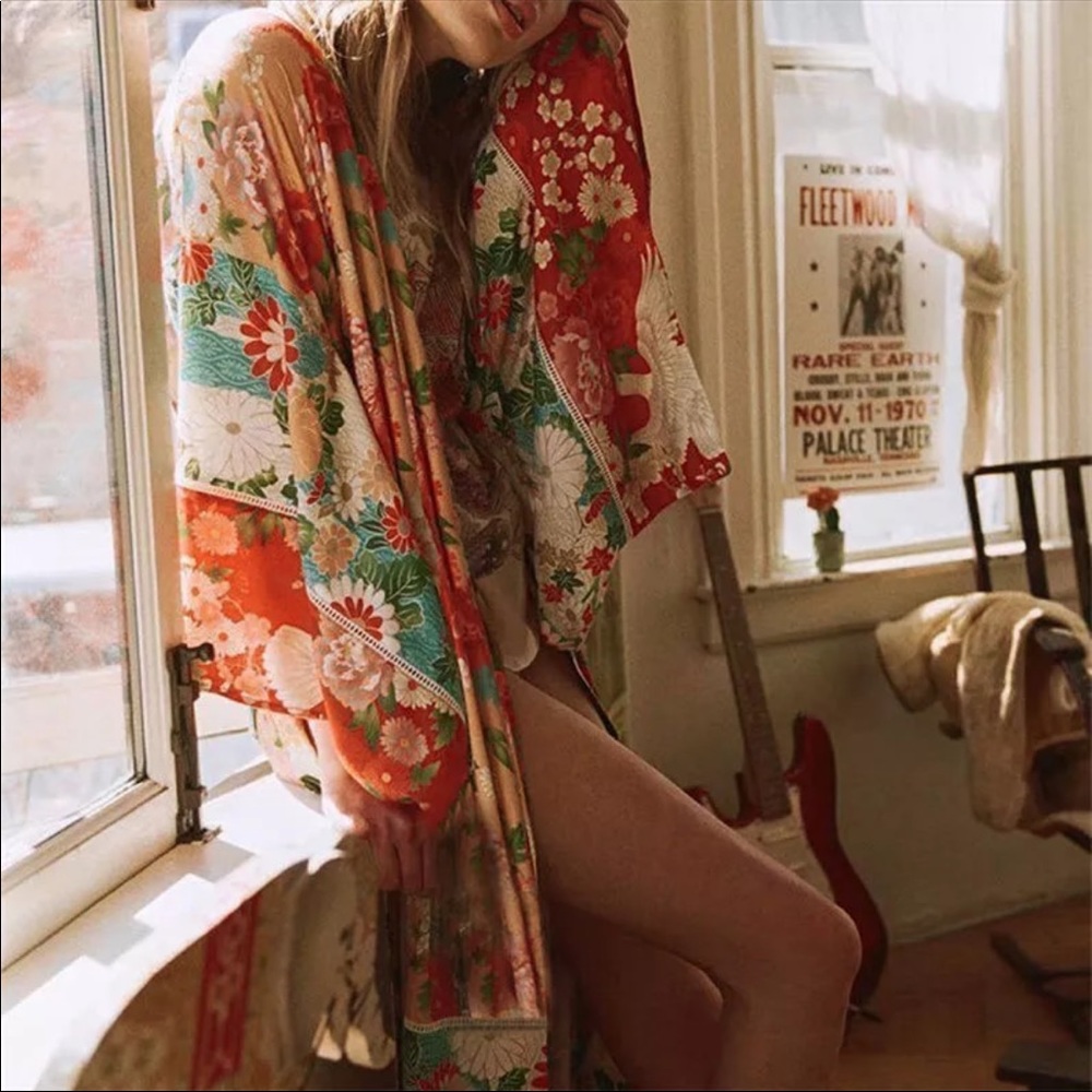 Red Floral Boho Long Kimono Duster Coverup Robe - Picture 2 of 6